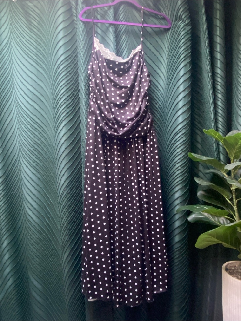 Black Polka Dot Satin Slip Dress with Lace Trim - Picture 3 of 3